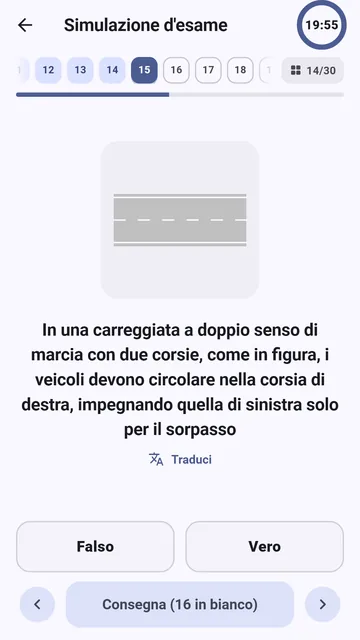Simulazione della scheda d'esame con timer nell'app