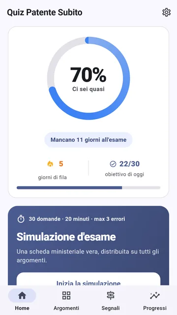 La schermata iniziale dell'app Quiz Patente Subito